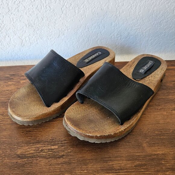 Vintage 90s Y2K Candies Black Leather Strap Wooden Platform Clogs Mules Slides 8 - Picture 1 of 8